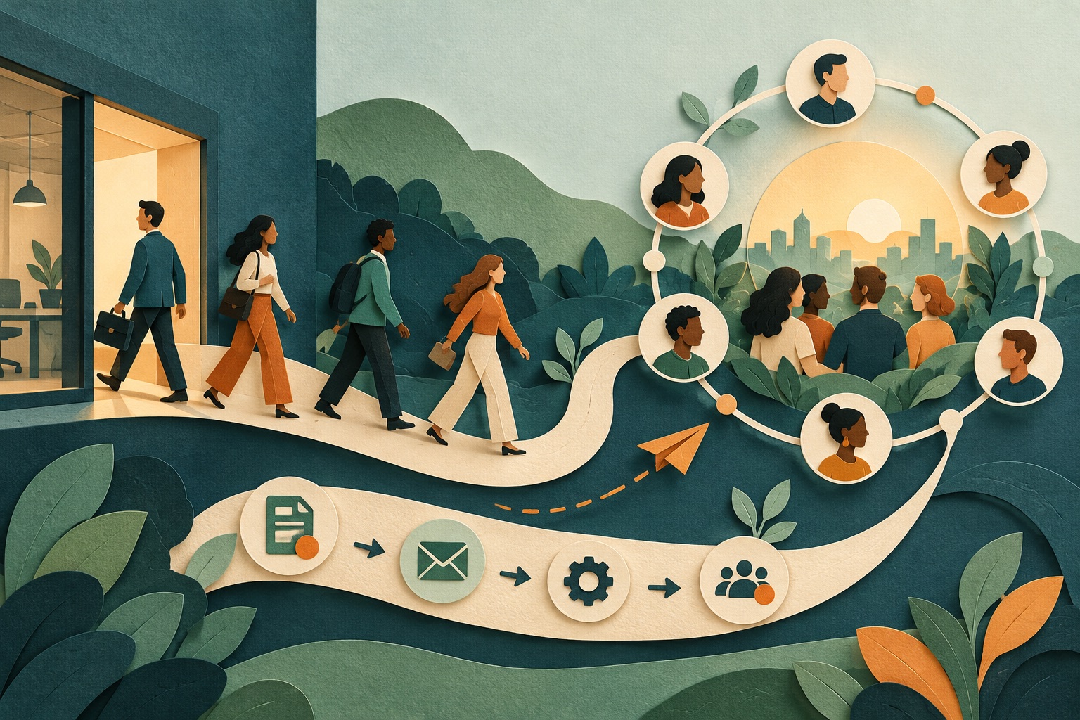 Illustration of employee transitions and an alumni network